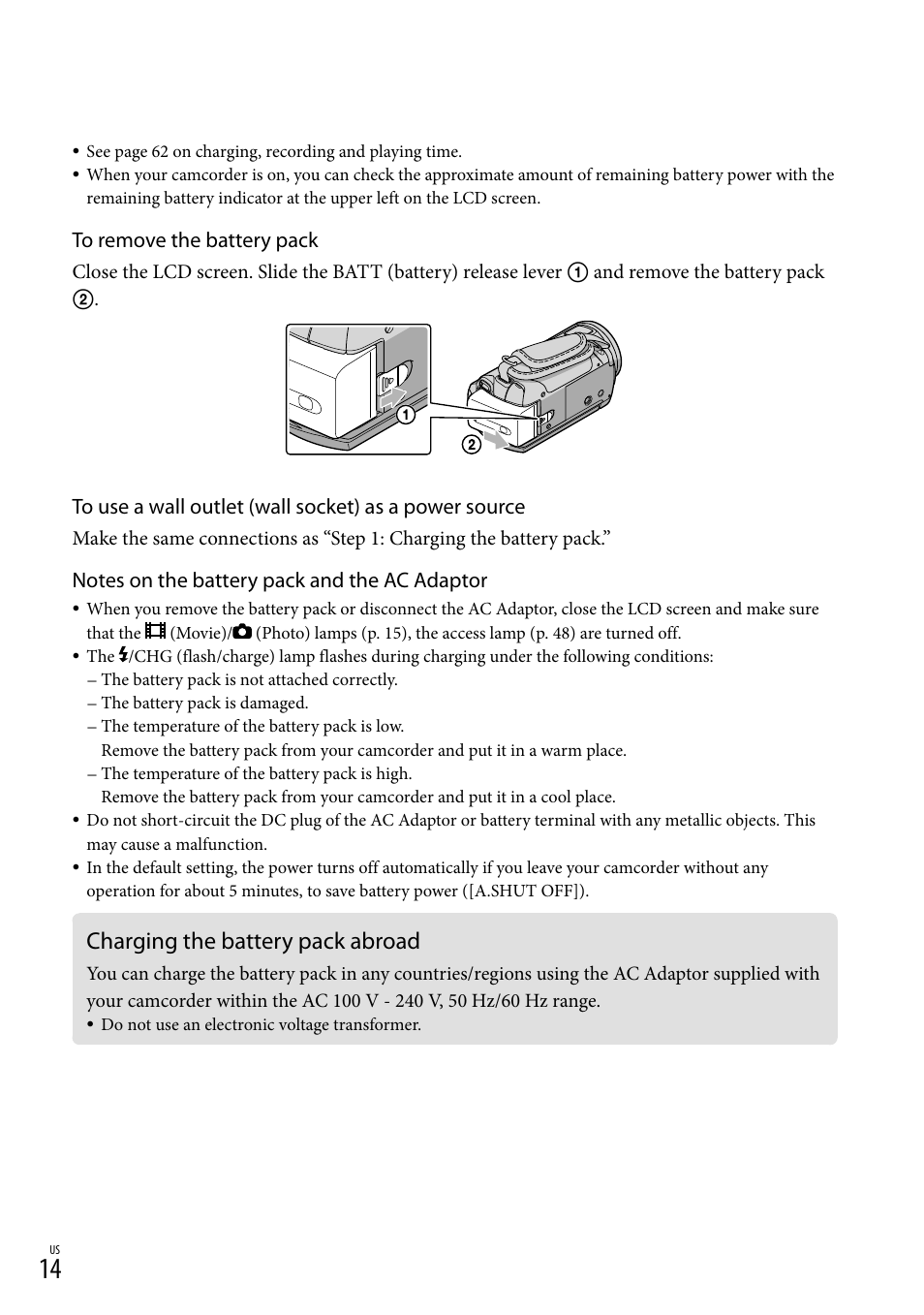 Charging the battery pack abroad | Sony HDR-CX520V User Manual | Page 14 / 135