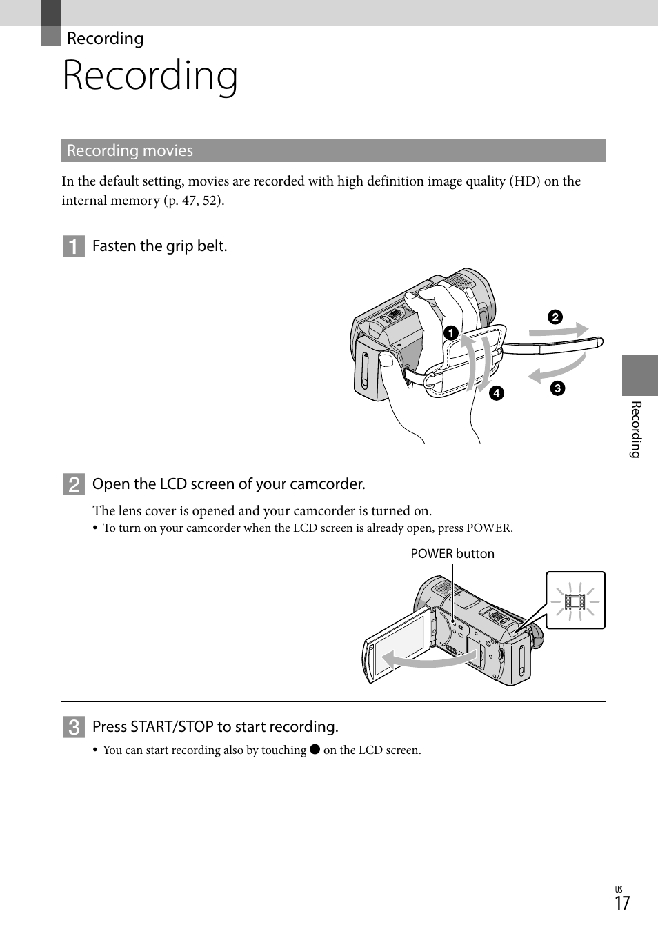 Recording | Sony HDR-CX520V User Manual | Page 17 / 135