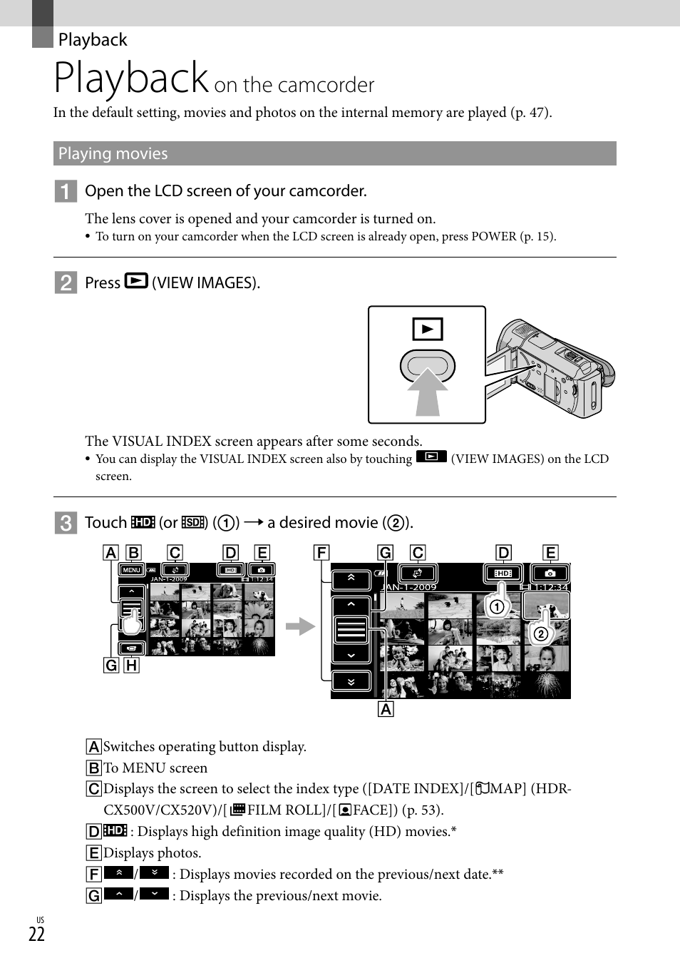 Playback, Playback on the camcorder, On.the.camcorder | Sony HDR-CX520V User Manual | Page 22 / 135