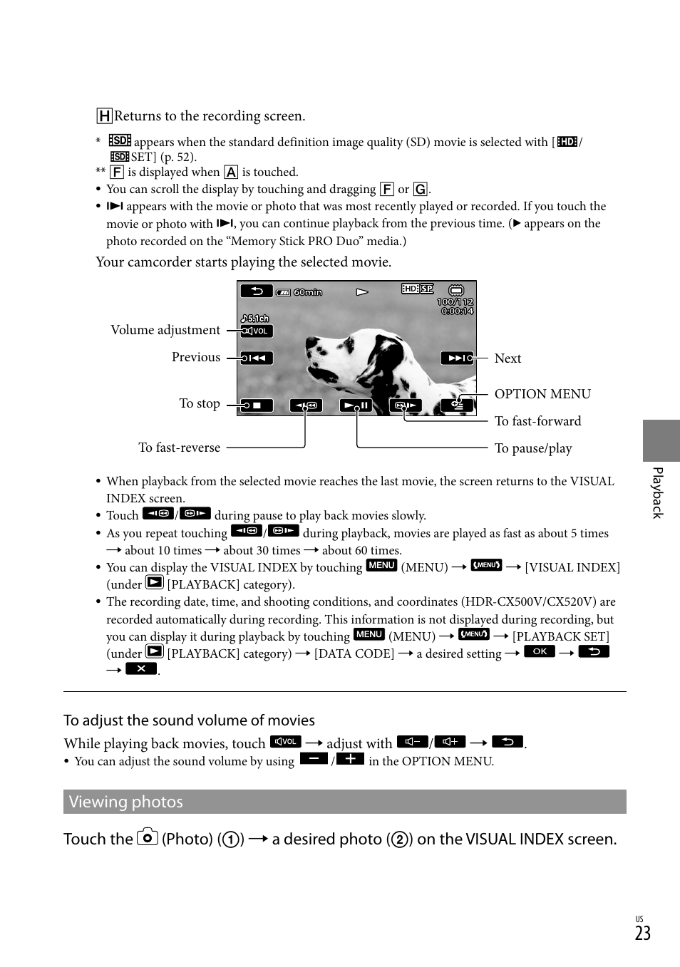 Viewing photos | Sony HDR-CX520V User Manual | Page 23 / 135