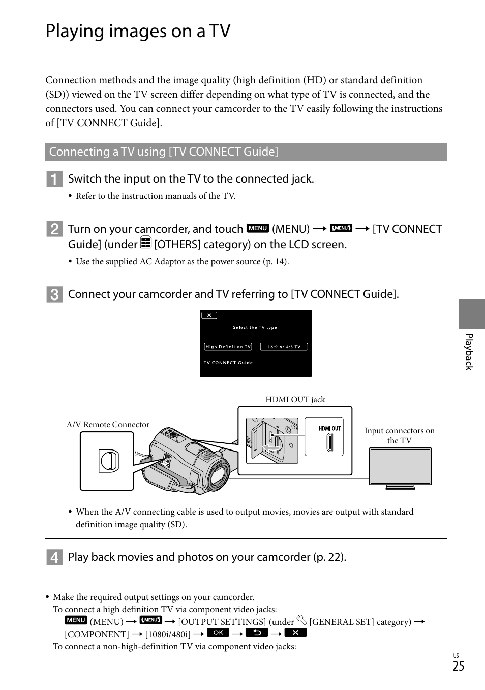 Playing images on a tv | Sony HDR-CX520V User Manual | Page 25 / 135