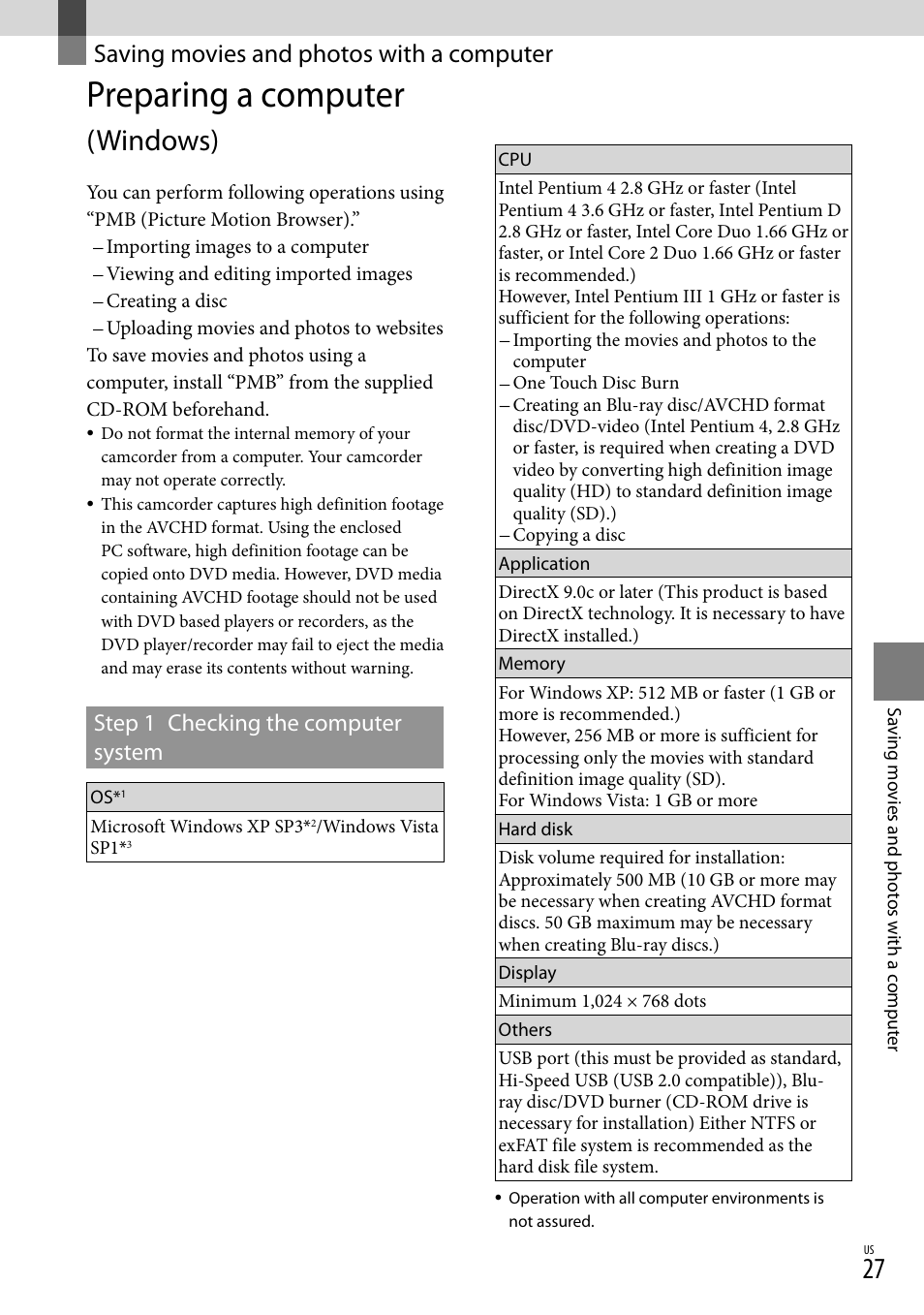 Saving movies and photos with a computer, Preparing a computer (windows), Preparing a computer | Windows), Step 1 checking the computer system | Sony HDR-CX520V User Manual | Page 27 / 135