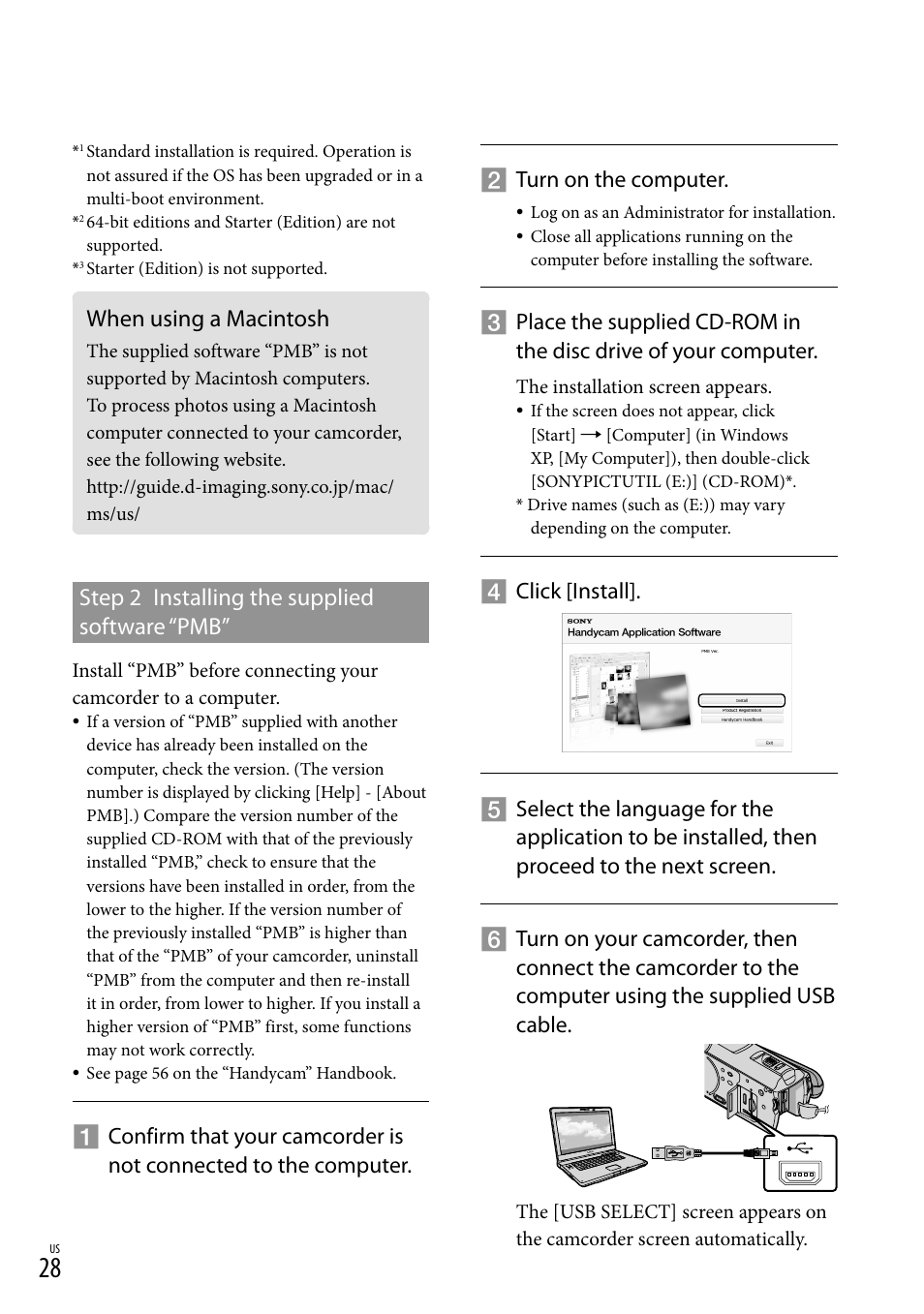 When using a macintosh, Step 2 installing the supplied software “pmb, Turn on the computer | Sony HDR-CX520V User Manual | Page 28 / 135