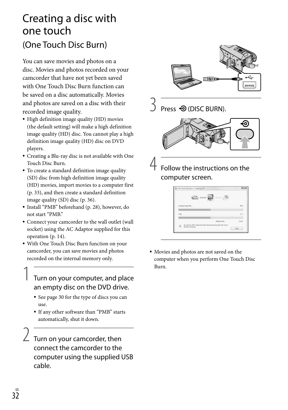 Creating a disc with one touch, One touch disc burn) | Sony HDR-CX520V User Manual | Page 32 / 135