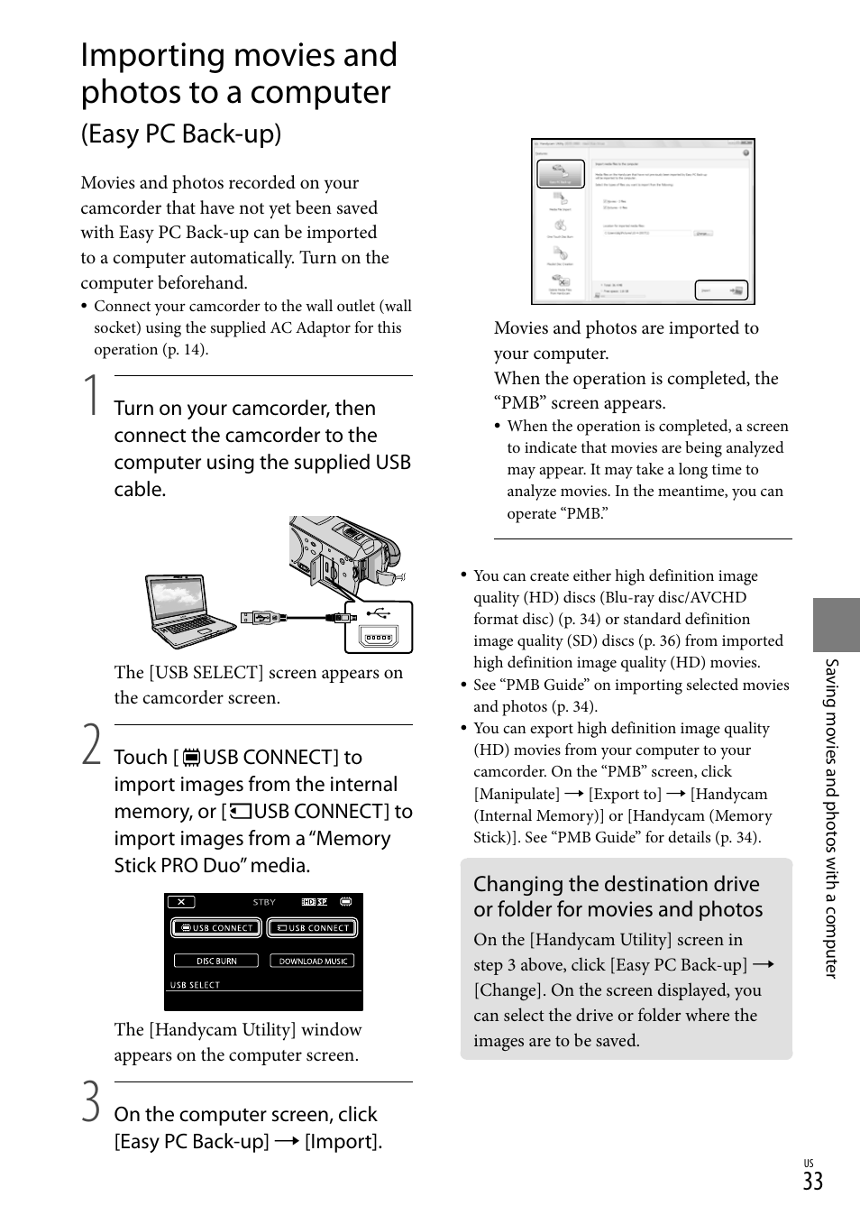 33), a, Importing movies and photos to a computer, Easy pc back-up) | Sony HDR-CX520V User Manual | Page 33 / 135