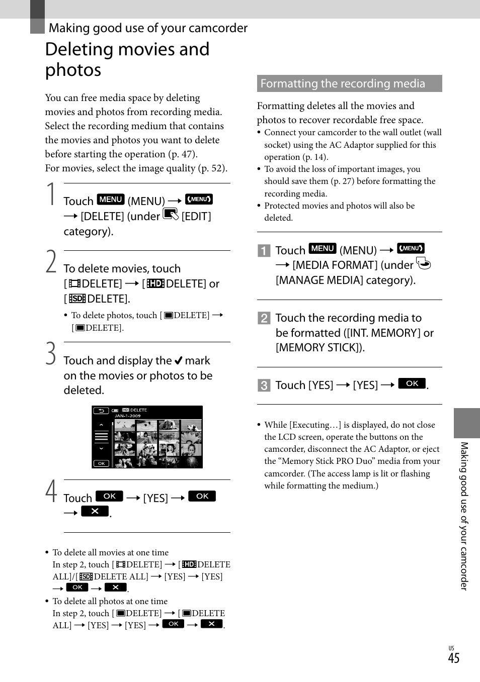 Making good use of your camcorder, Deleting movies and photos | Sony HDR-CX520V User Manual | Page 45 / 135