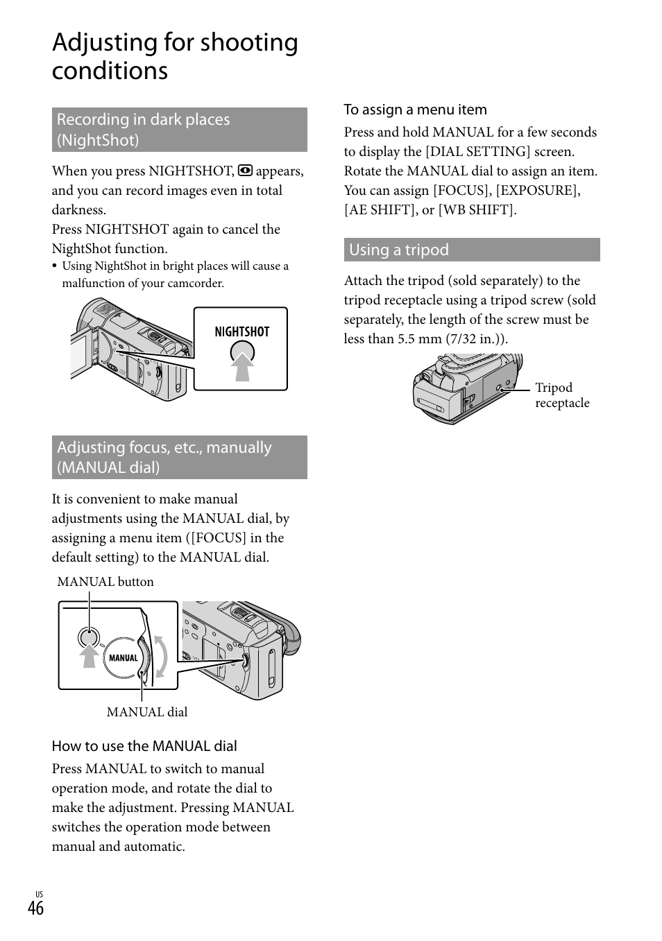 Adjusting for shooting conditions | Sony HDR-CX520V User Manual | Page 46 / 135