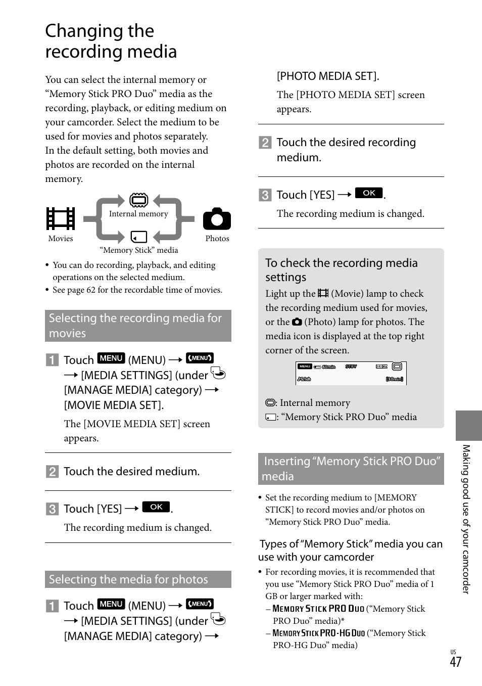 Changing the recording media, To check the recording media settings, E 47 f | Sony HDR-CX520V User Manual | Page 47 / 135