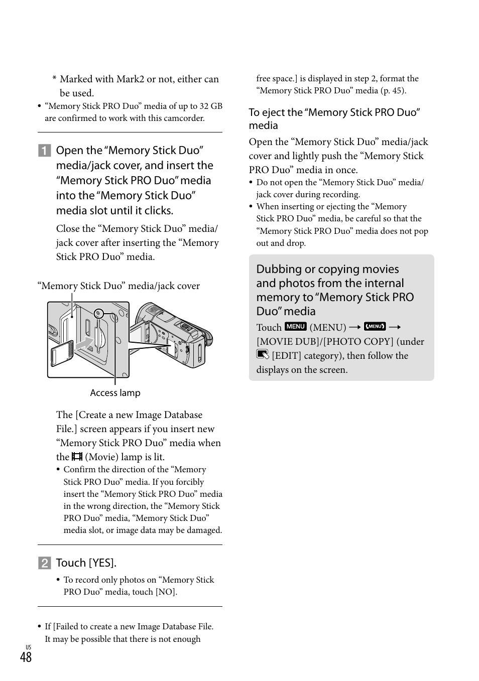 48) a, Memory stick pro duo” media, Touch [yes | Sony HDR-CX520V User Manual | Page 48 / 135