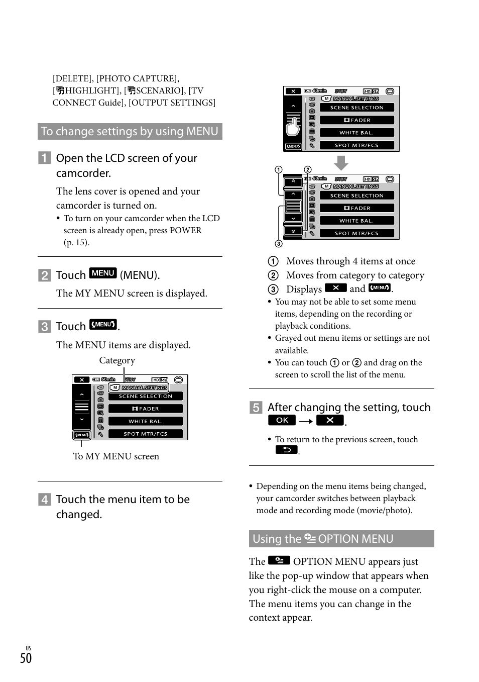 Using the option menu | Sony HDR-CX520V User Manual | Page 50 / 135