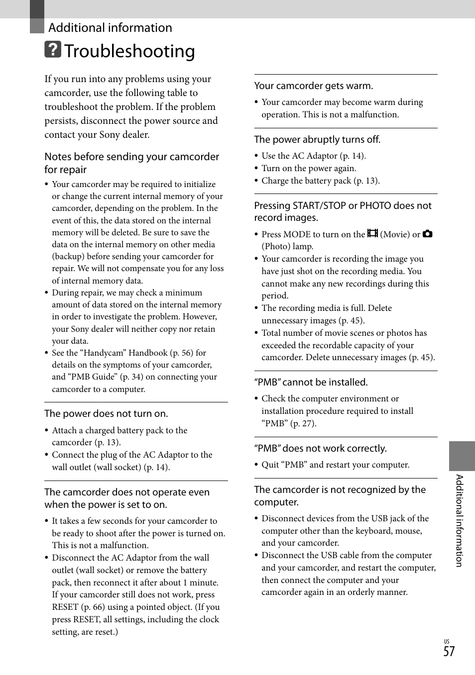 Additional information, Troubleshooting | Sony HDR-CX520V User Manual | Page 57 / 135