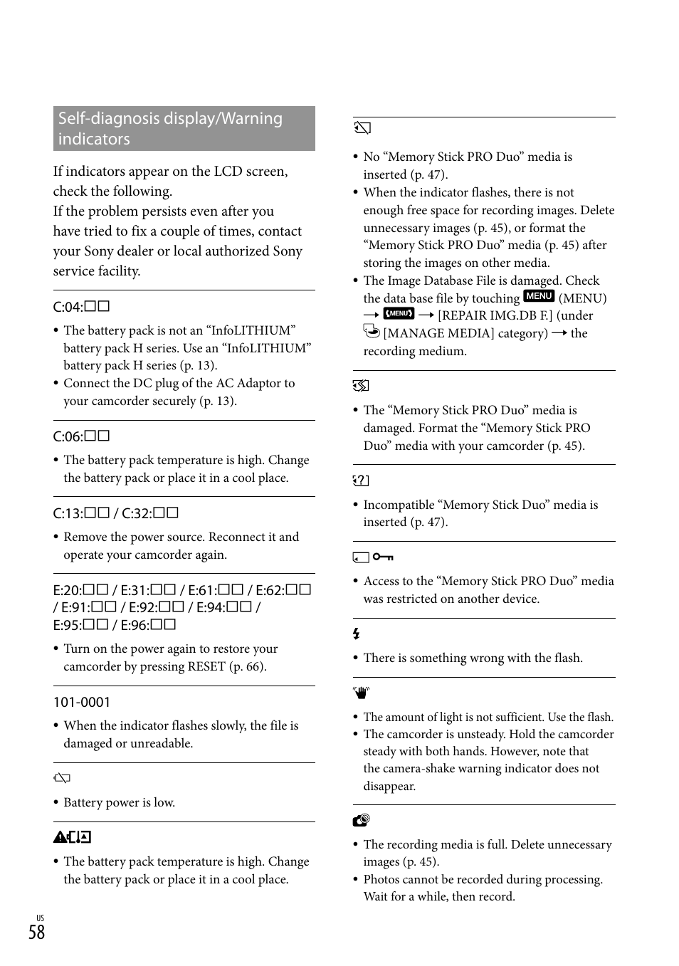 Self-diagnosis display/warning indicators | Sony HDR-CX520V User Manual | Page 58 / 135