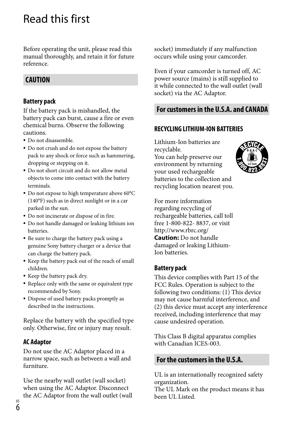 Read this first, Caution, For customers in the u.s.a. and canada | For the customers in the u.s.a | Sony HDR-CX520V User Manual | Page 6 / 135
