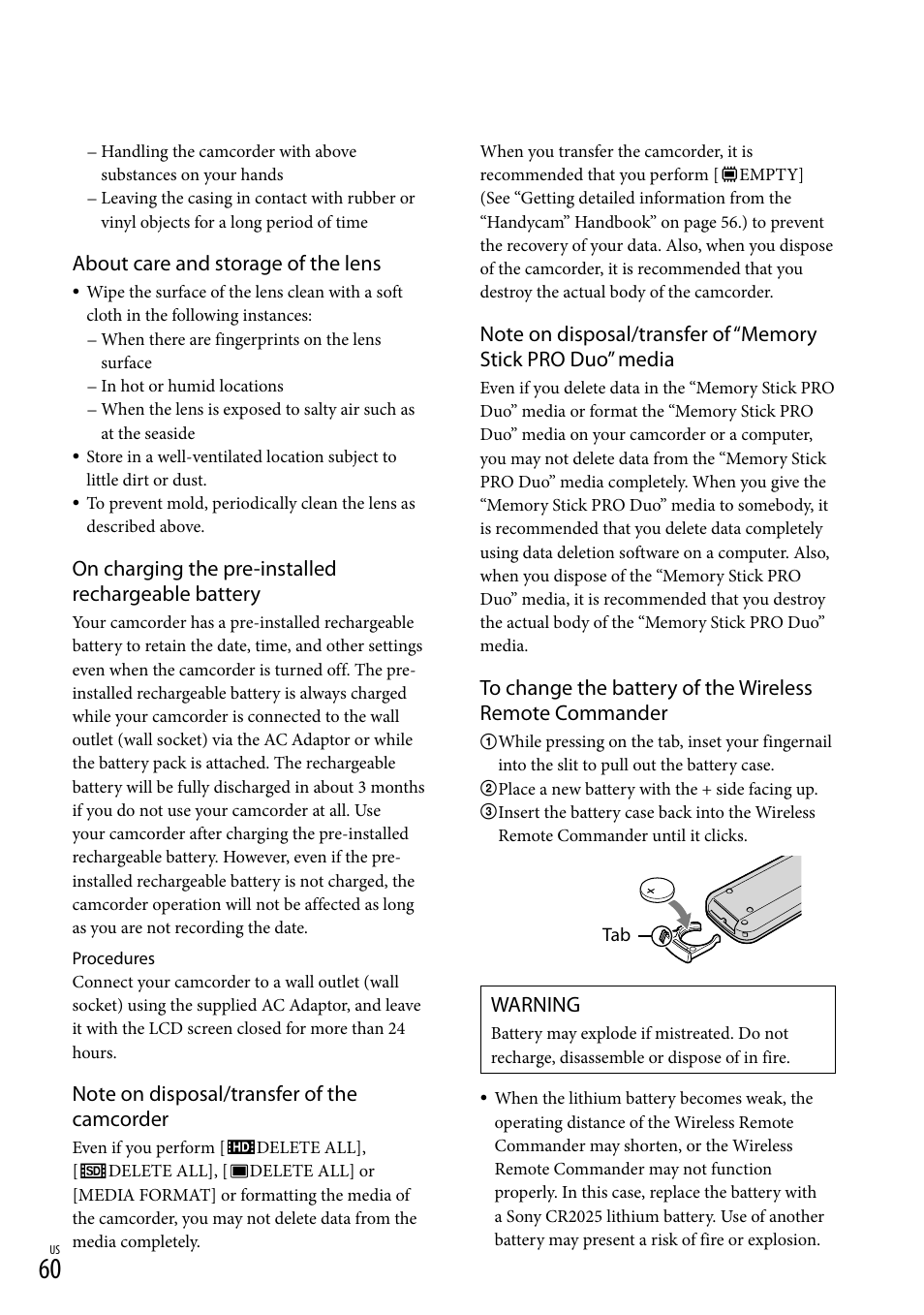 About care and storage of the lens, On charging the pre-installed rechargeable battery, Warning | Sony HDR-CX520V User Manual | Page 60 / 135