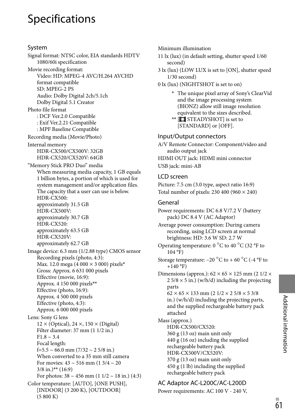 Specifications | Sony HDR-CX520V User Manual | Page 61 / 135