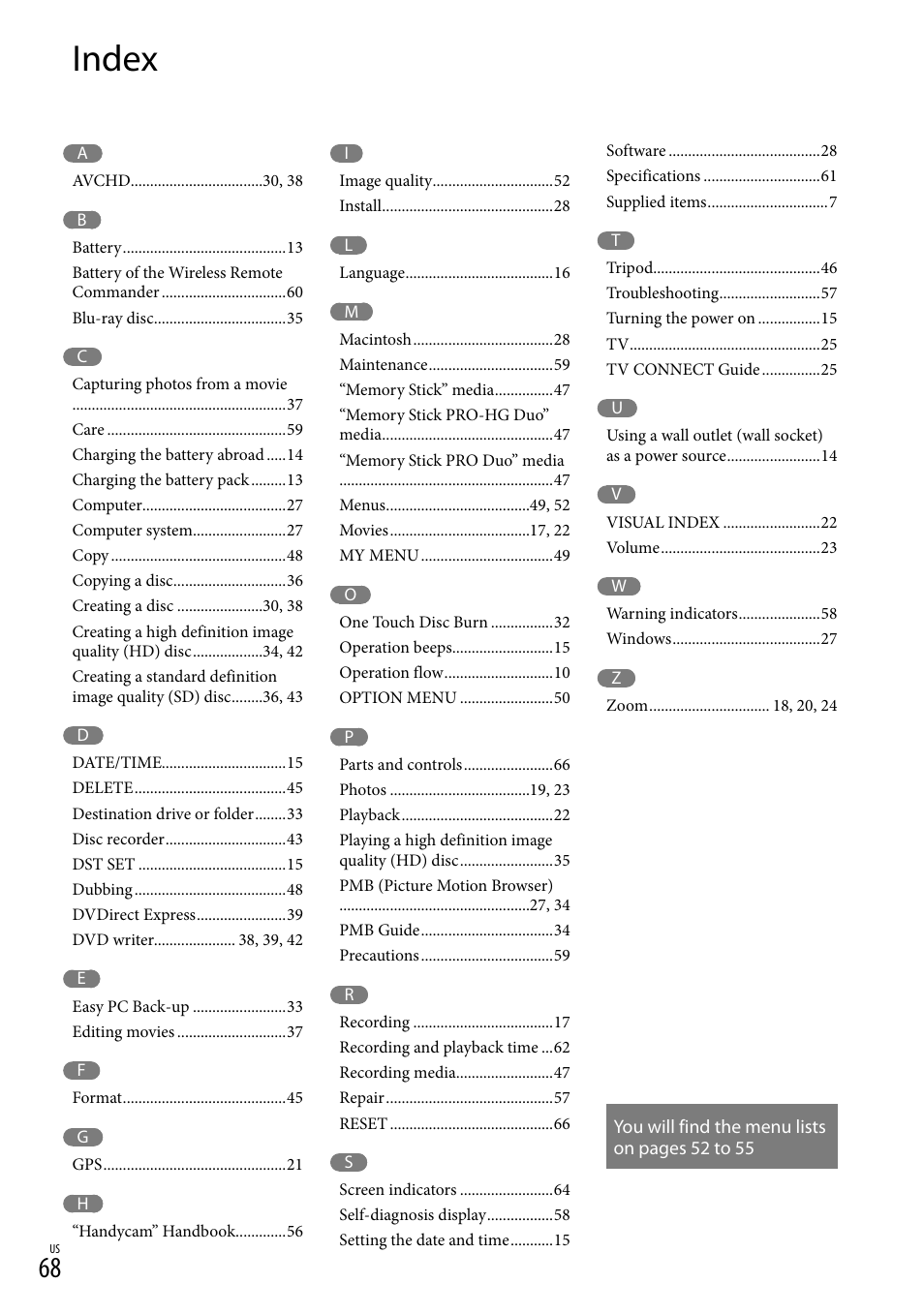 Index | Sony HDR-CX520V User Manual | Page 68 / 135