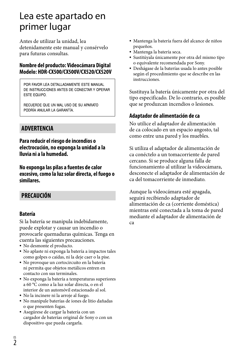 Lea este apartado en primer lugar, Advertencia, Precaución | Sony HDR-CX520V User Manual | Page 70 / 135