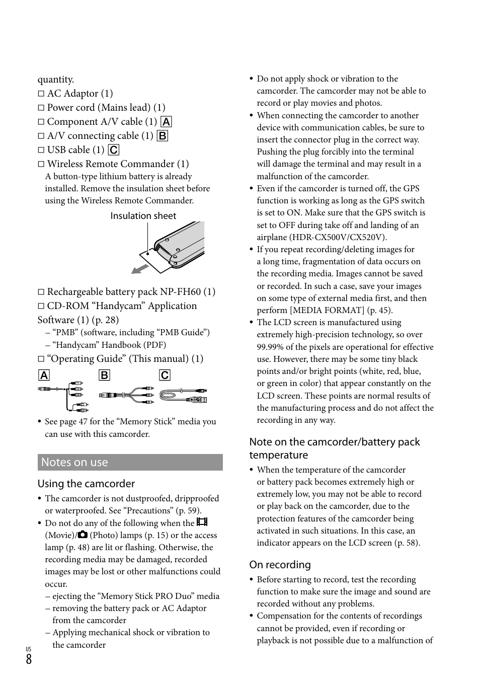 Using the camcorder, On recording | Sony HDR-CX520V User Manual | Page 8 / 135