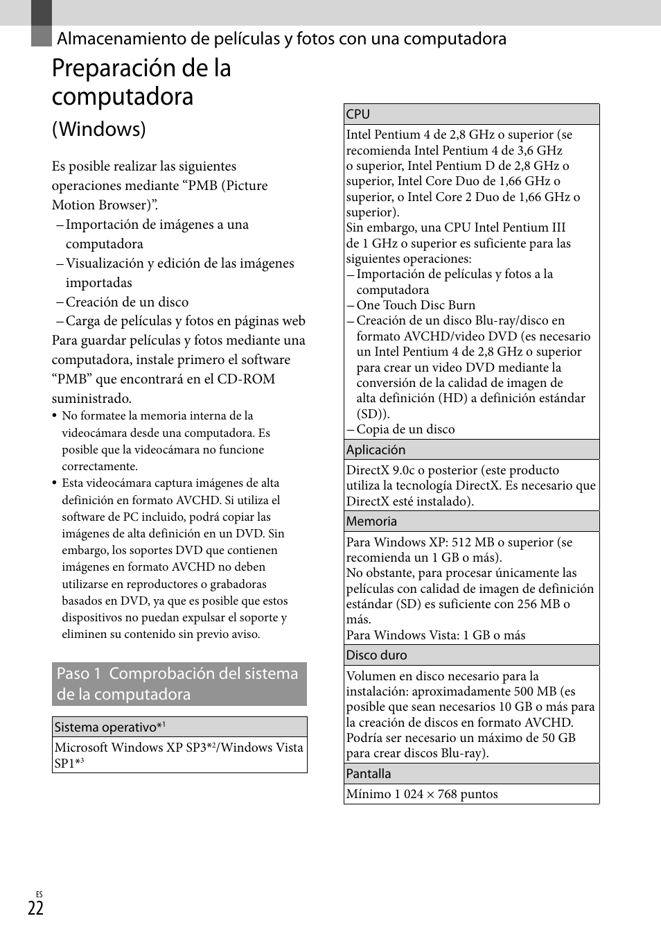 Preparación de la computadora (windows), Preparación de la computadora, Windows) | Paso 1 comprobación del sistema de la computadora | Sony HDR-CX520V User Manual | Page 90 / 135