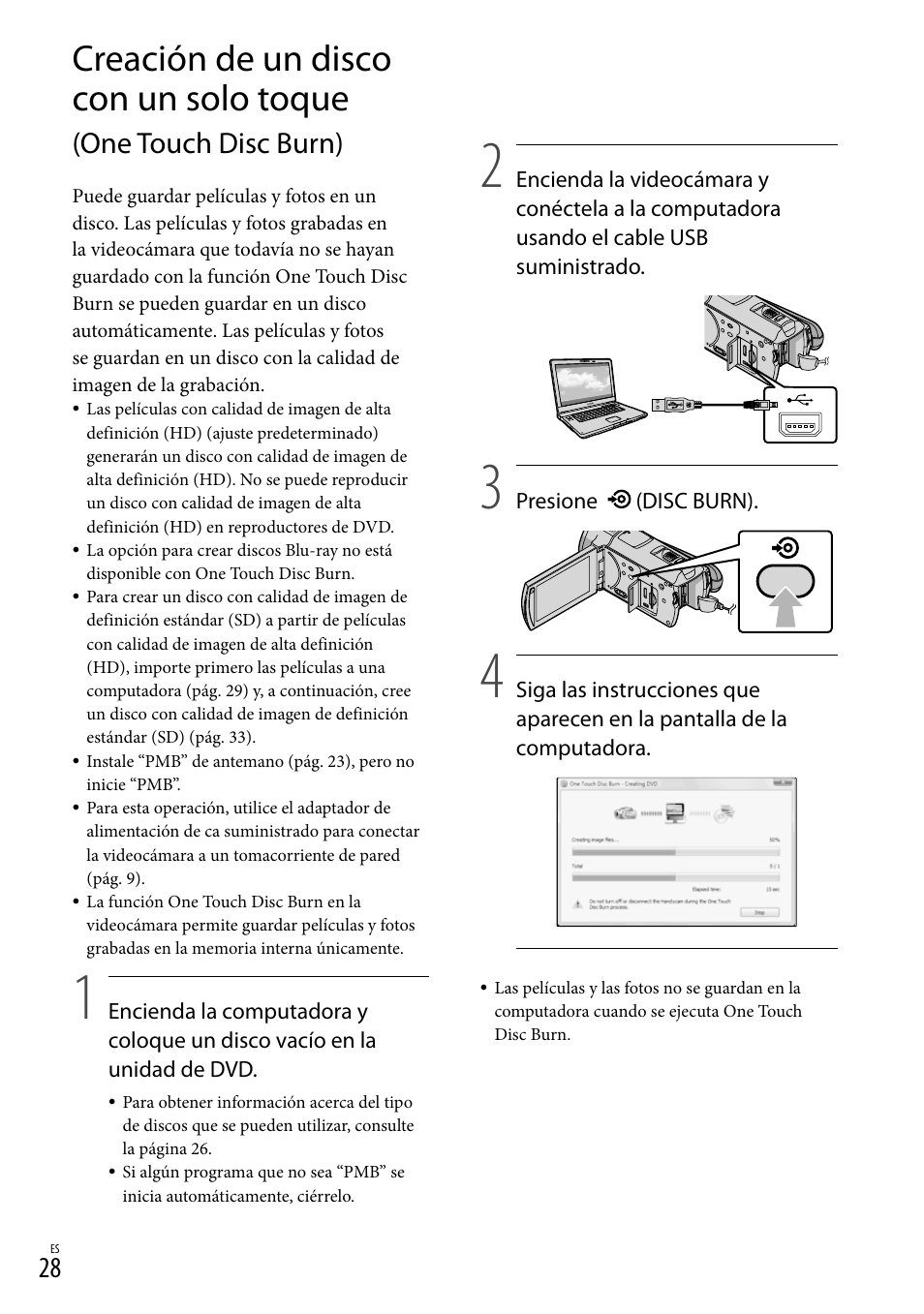 Creación de un disco con un solo toque, One touch disc burn) | Sony HDR-CX520V User Manual | Page 96 / 135