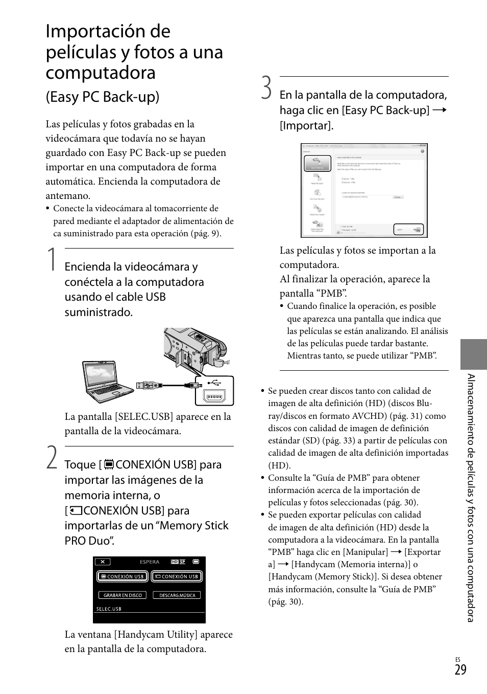29) y, Importación de películas y fotos a una computadora, Easy pc back-up) | Sony HDR-CX520V User Manual | Page 97 / 135