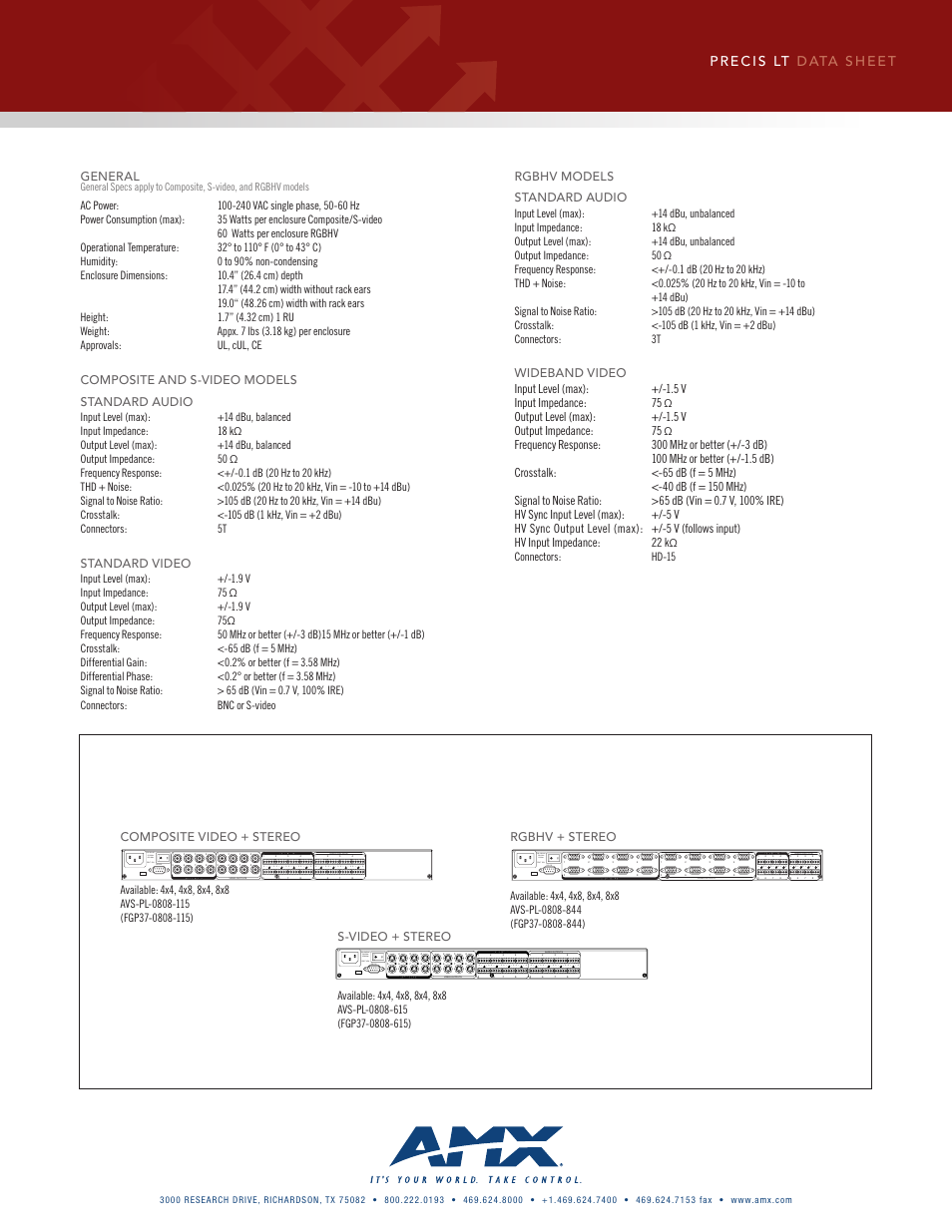 General, Composite and s-video models standard audio, Standard video | Rgbhv models standard audio, Output level (max): +/-1.5 v output impedance: 75, Composite video + stereo, S-video + stereo, Rgbhv + stereo, Ωconnectors: hd-15 | AMX AVS-PL-0808-615 User Manual | Page 2 / 2