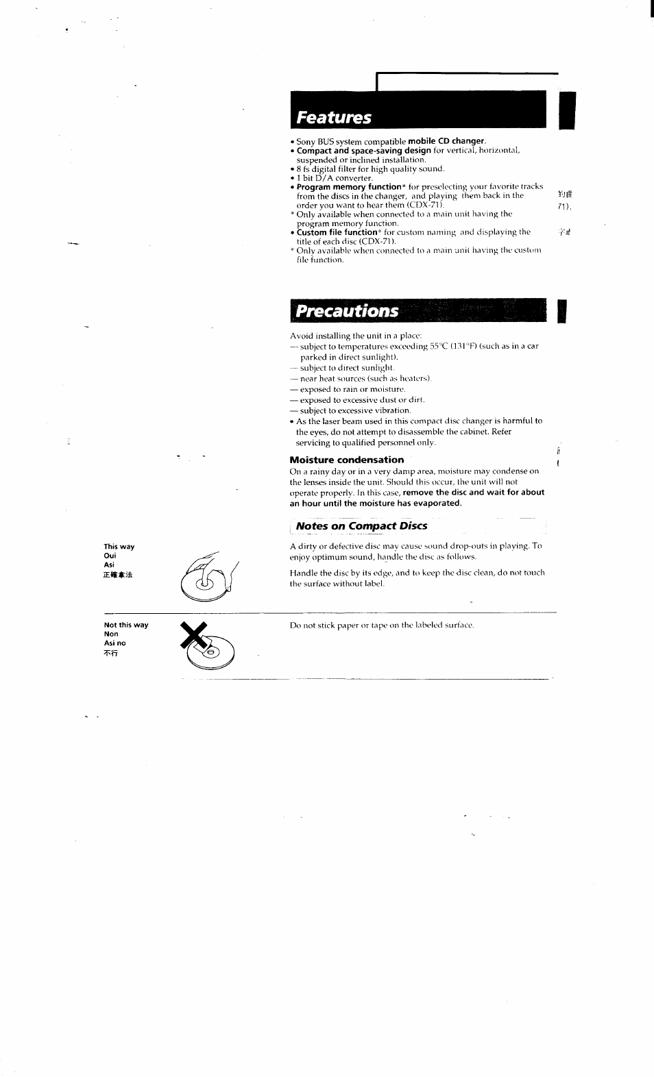 Features, Precautions | Sony CDX-81 User Manual | Page 11 / 16