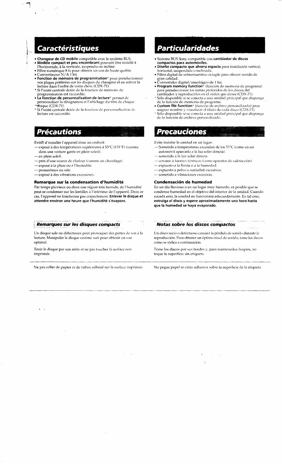 Remarque sur la condensation d'humidité, Condensación de humedad, Caractéristiques particularidades | Précautions precauciones | Sony CDX-81 User Manual | Page 12 / 16