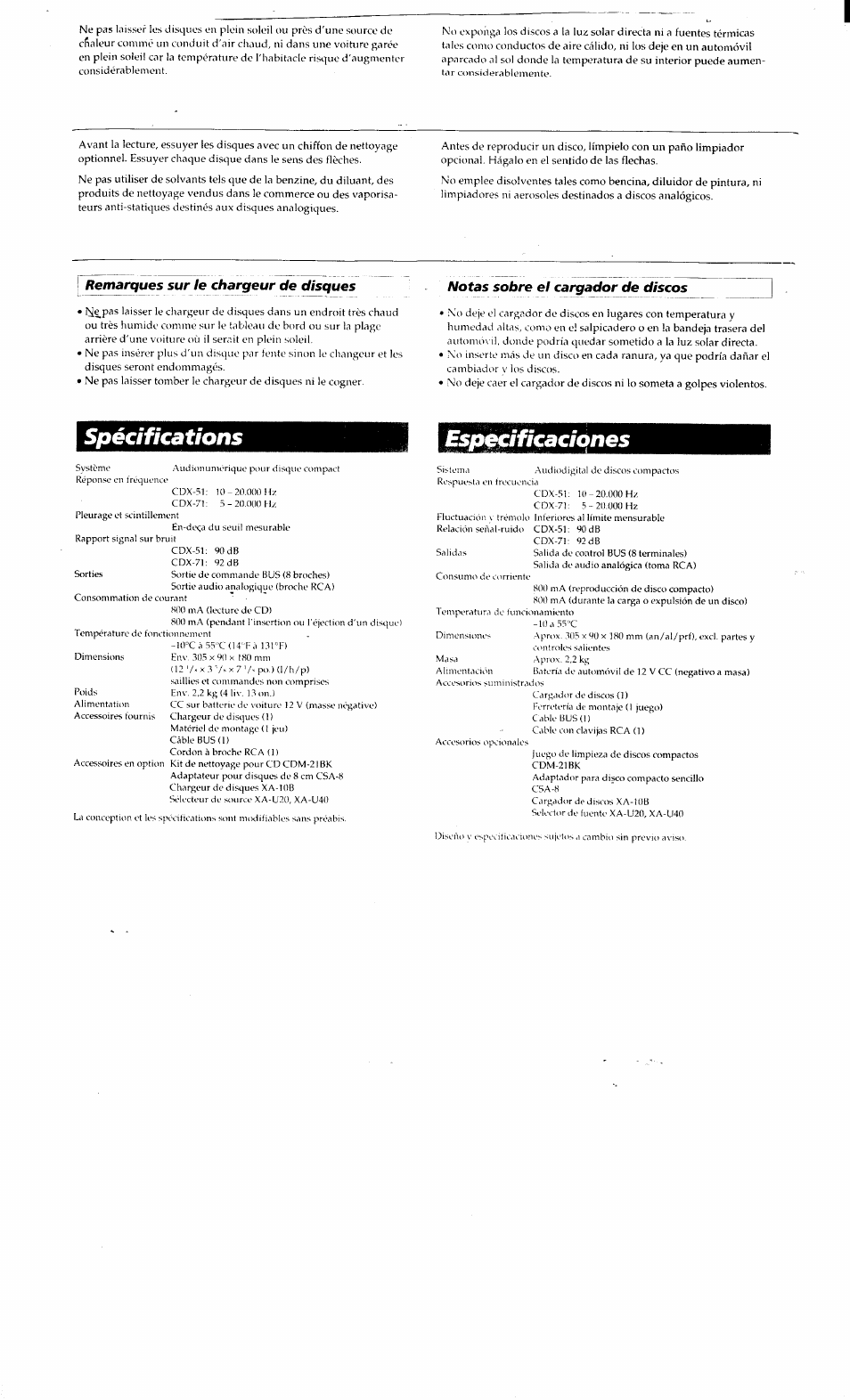 Spécifications, Remarques sur le chargeur de disques, Notas sobre el cargador de discos | Sony CDX-81 User Manual | Page 15 / 16