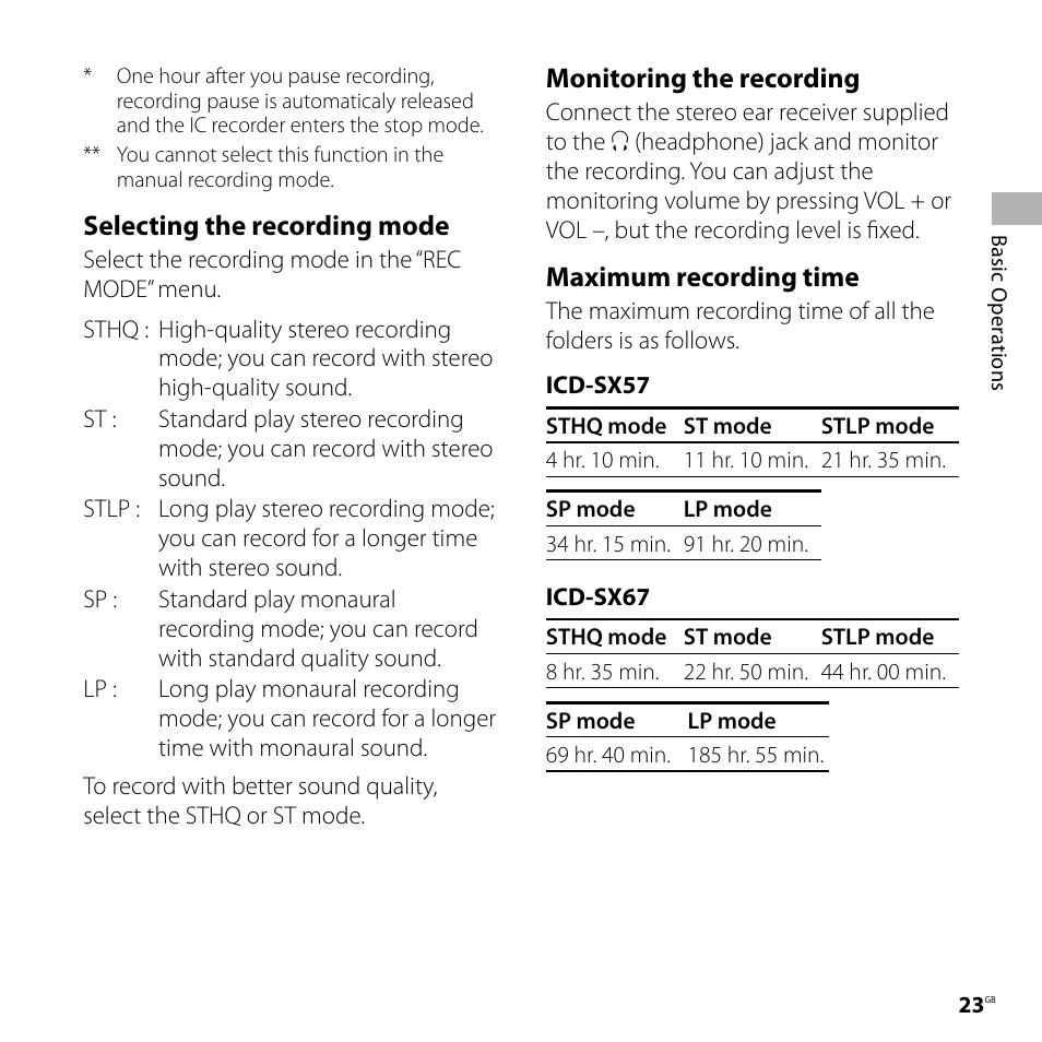 Selecting the recording mode, Monitoring the recording, Maximum recording time | Sony ICD-SX77 User Manual | Page 23 / 92