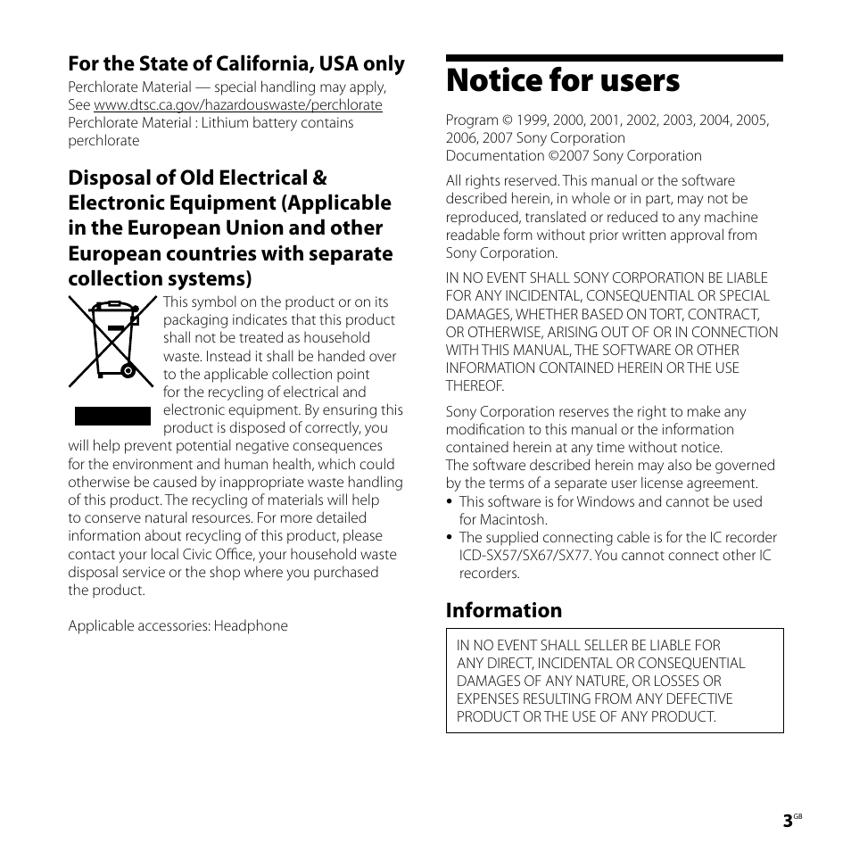 Notice for users, For the state of california, usa only, Information | Sony ICD-SX77 User Manual | Page 3 / 92