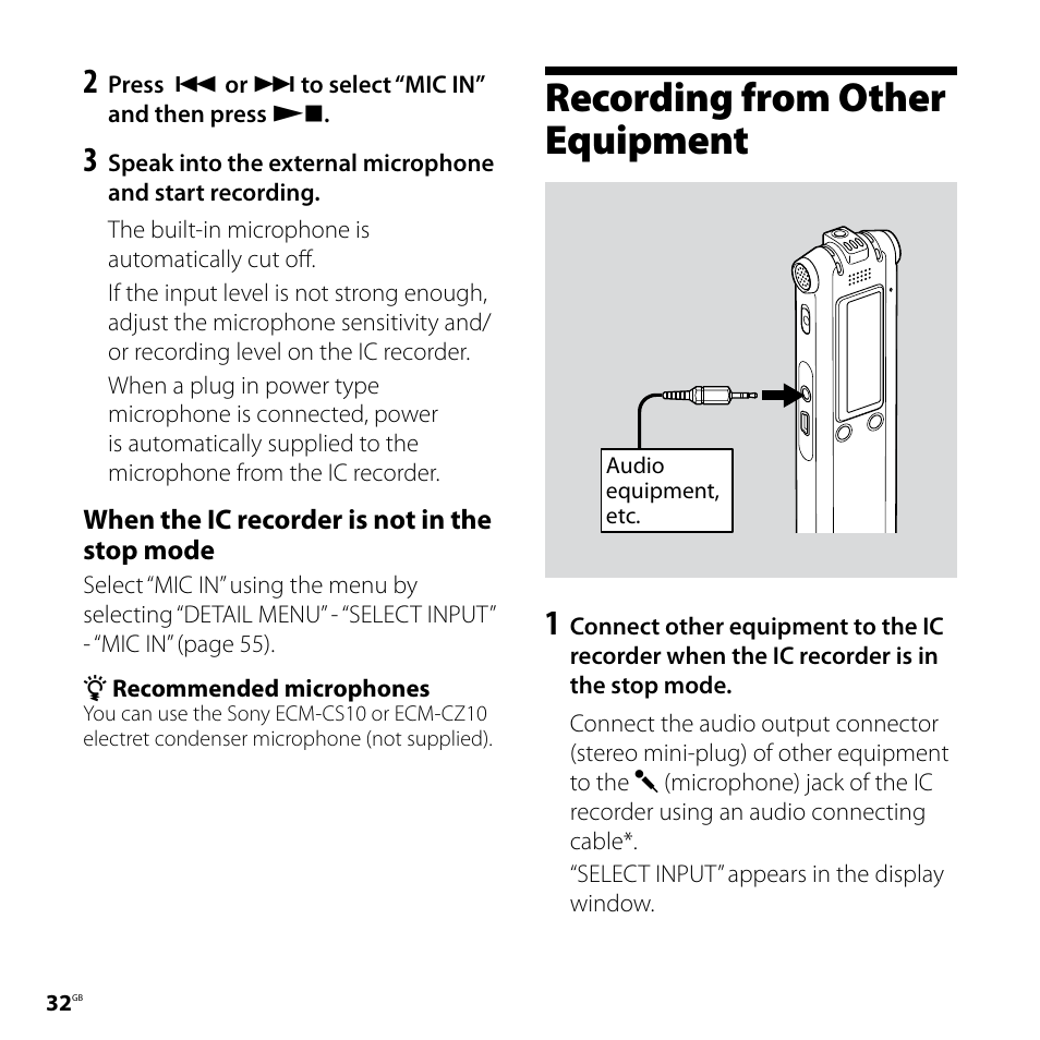 Recording from other equipment | Sony ICD-SX77 User Manual | Page 32 / 92