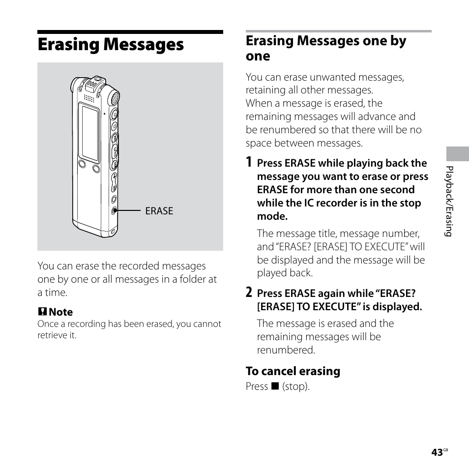 Erasing messages, Erasing messages one by one | Sony ICD-SX77 User Manual | Page 43 / 92