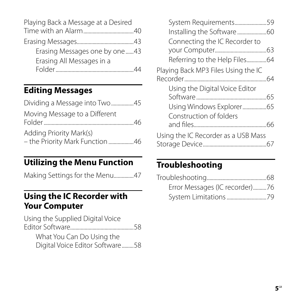 Editing messages, Utilizing the menu function, Using the ic recorder with your computer | Troubleshooting | Sony ICD-SX77 User Manual | Page 5 / 92