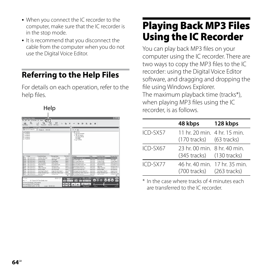 Playing back mp3 files using the ic recorder, Referring to the help files | Sony ICD-SX77 User Manual | Page 64 / 92