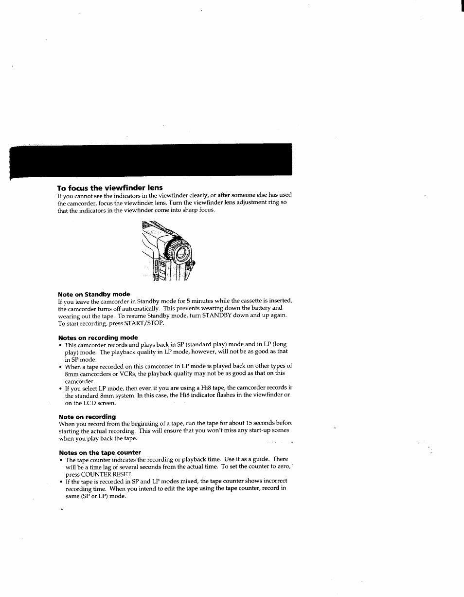 To focus the viewfinder lens, Note on standby mode, Notes on recording mode | Note on recording, Notes on the tape counter | Sony CCD-TRV41 User Manual | Page 11 / 86