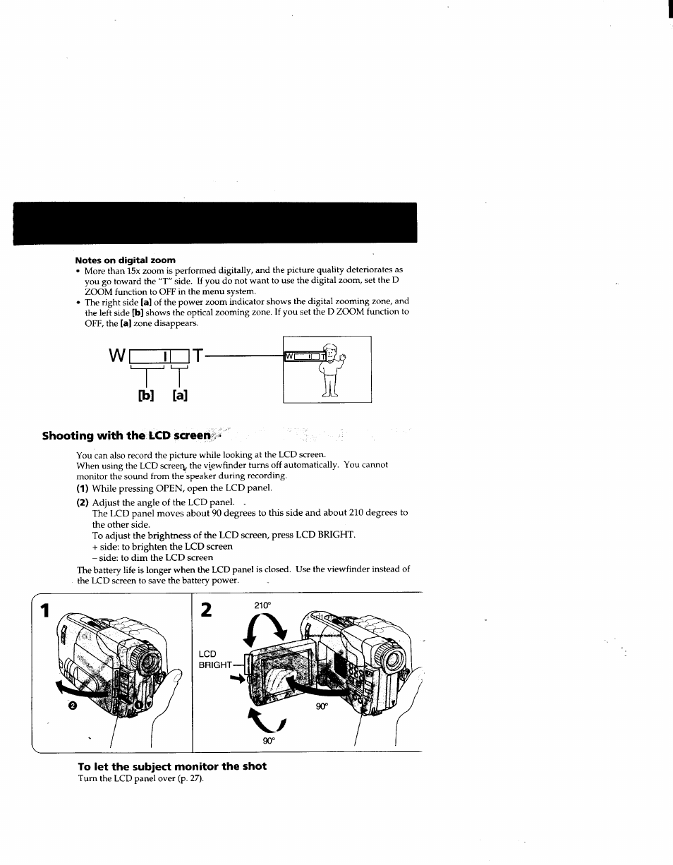 Notes on digital zoom, Shooting with the lcd screen, To let the subject monitor the shot | Sony CCD-TRV41 User Manual | Page 13 / 86