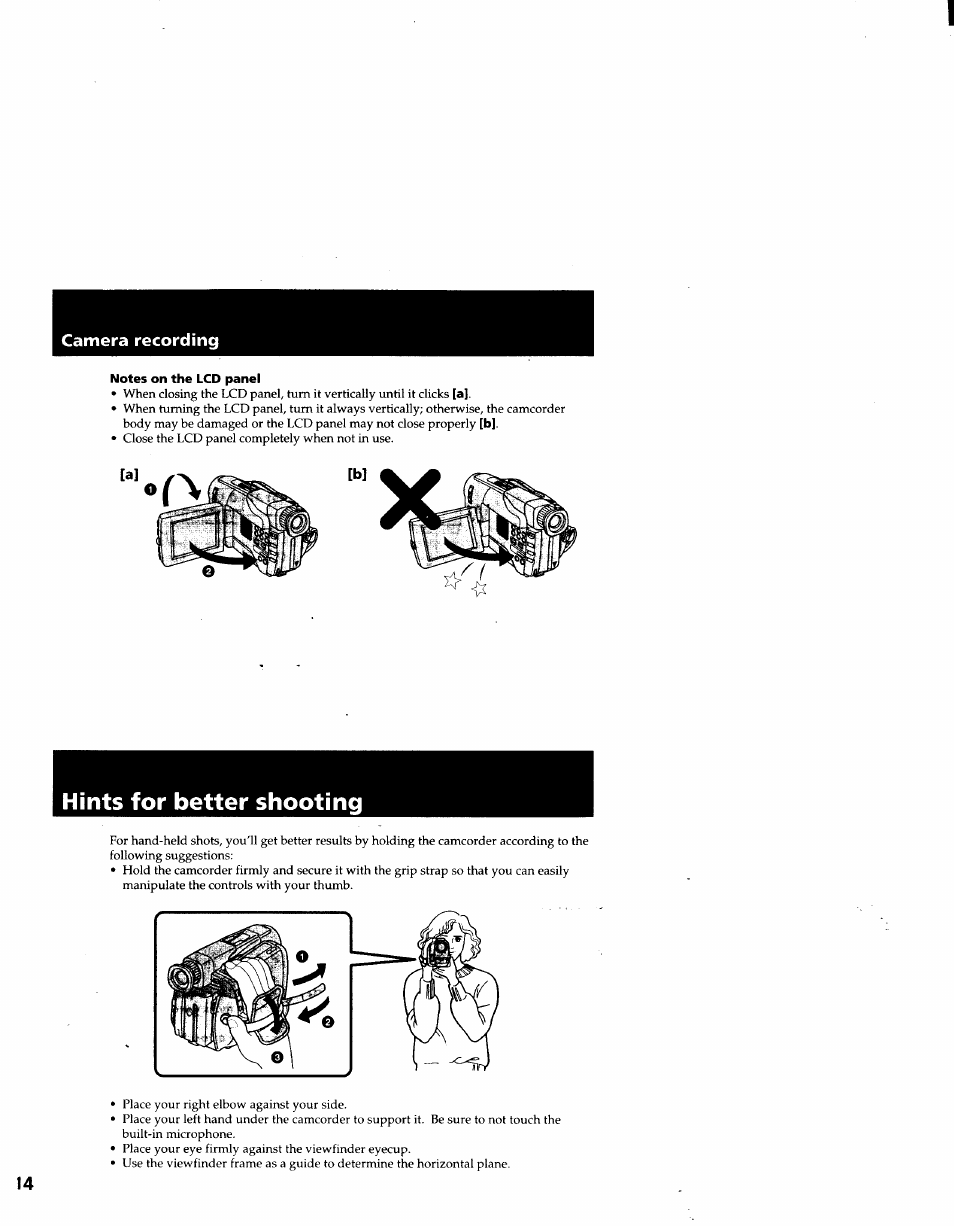 Notes on the lcd panel, Hints for better shooting, Hints for better shooting .........r. 14 | Sony CCD-TRV41 User Manual | Page 14 / 86