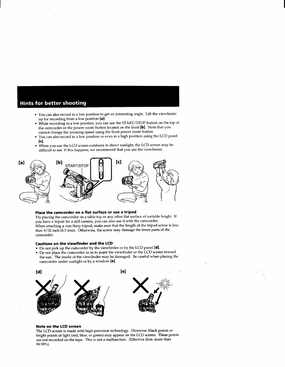 Hints for better shooting, Cautions on the viewfinder and the lcd, Note on the lcd screen | Sony CCD-TRV41 User Manual | Page 15 / 86