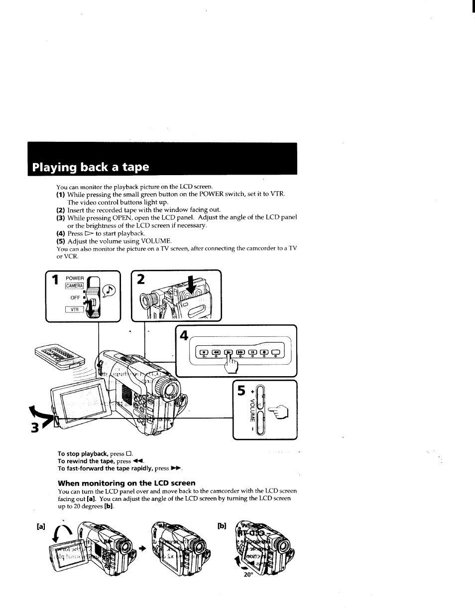 Playing back a tape, When monitoring on the lcd screen | Sony CCD-TRV41 User Manual | Page 17 / 86