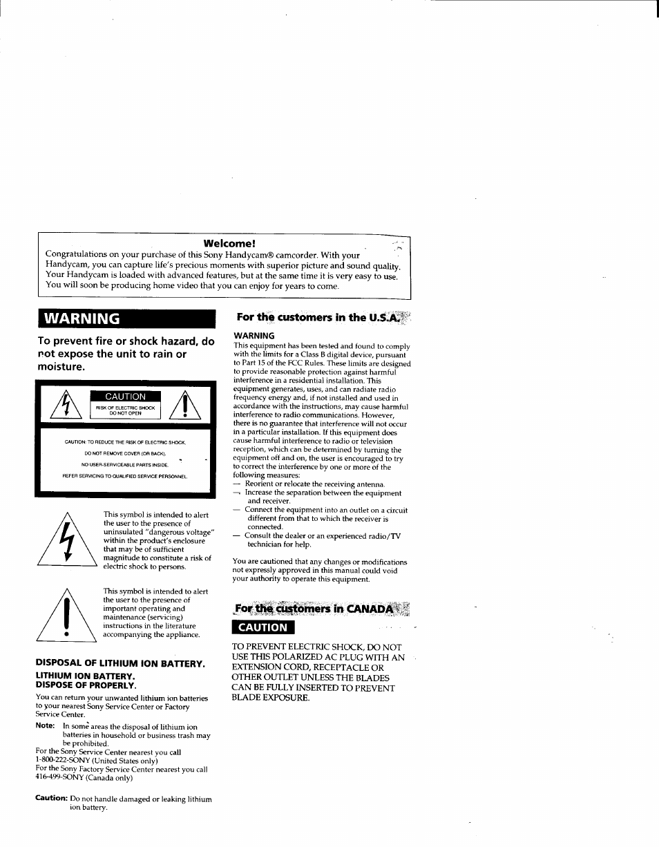Welcome, Disposal of lithium ion battery, Lithium ion battery | Dispose of properly, For thé customers in the u.s.a, Warning, For the customers in canada, Caution | Sony CCD-TRV41 User Manual | Page 2 / 86
