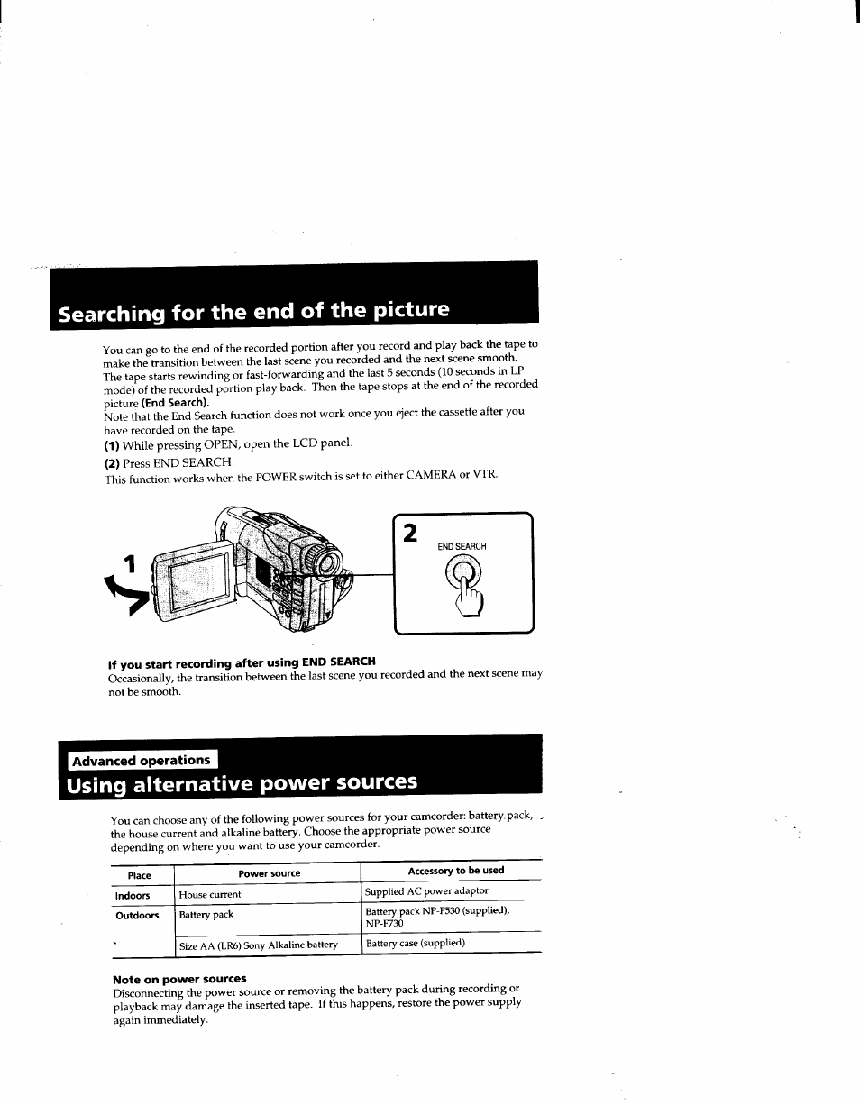 Searching for the end of the picture, If you start recording after using end search, Using alternative power sources | Note on power sources | Sony CCD-TRV41 User Manual | Page 21 / 86
