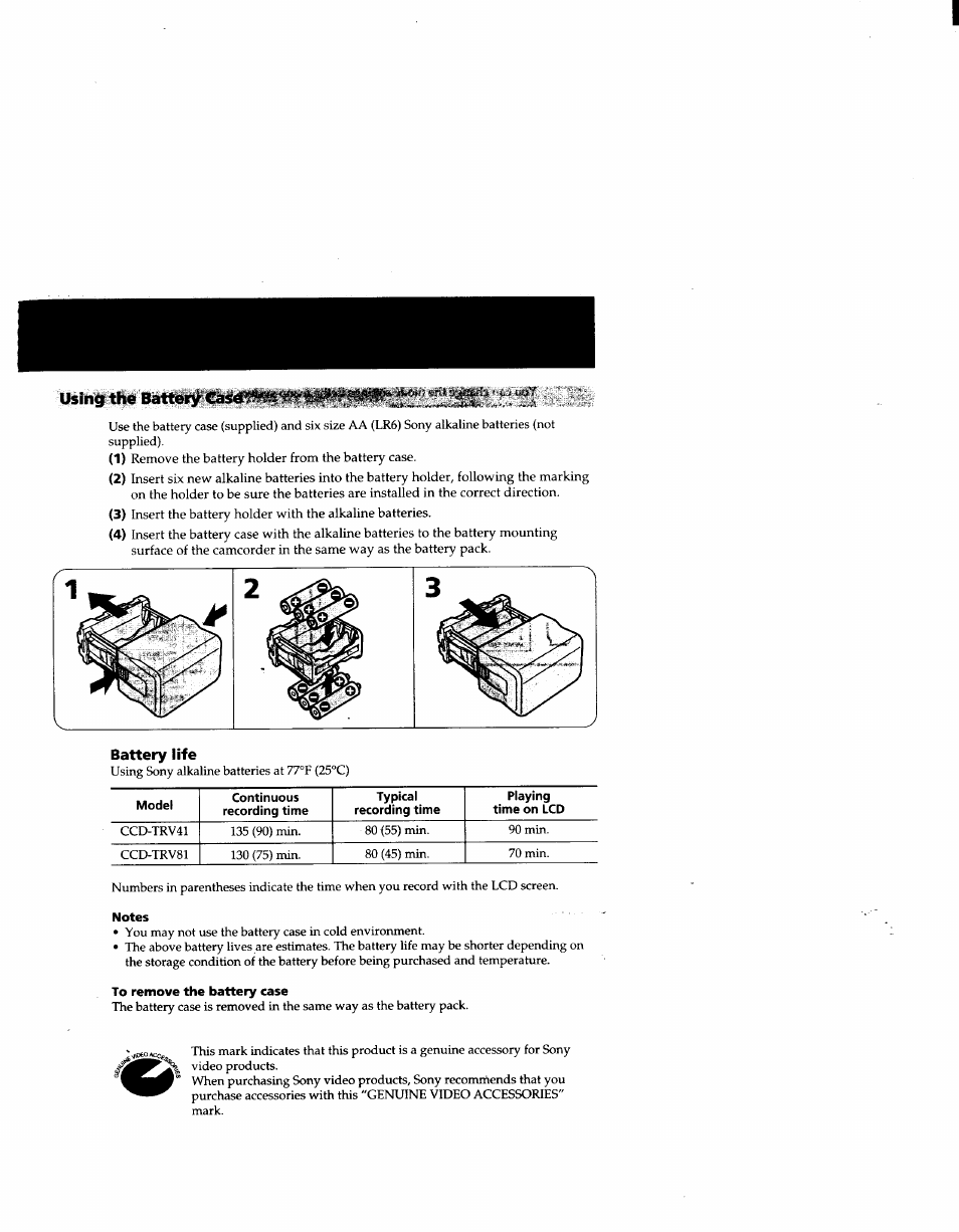 Battery life, Notes, To remove the battery case | Sony CCD-TRV41 User Manual | Page 23 / 86