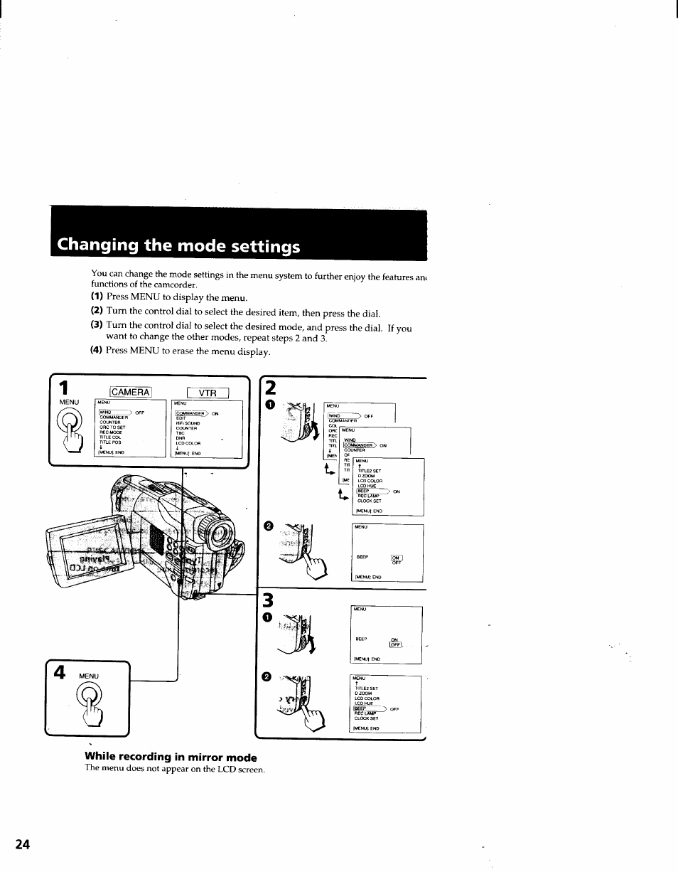 Changing the mode settings, While recording in mirror mode | Sony CCD-TRV41 User Manual | Page 24 / 86