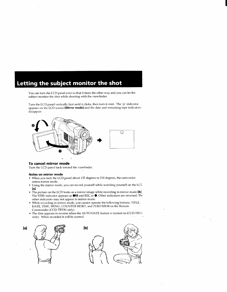 Letting the subject monitor the shot, To cancel mirror mode, Notes on mirror mode | Sony CCD-TRV41 User Manual | Page 27 / 86