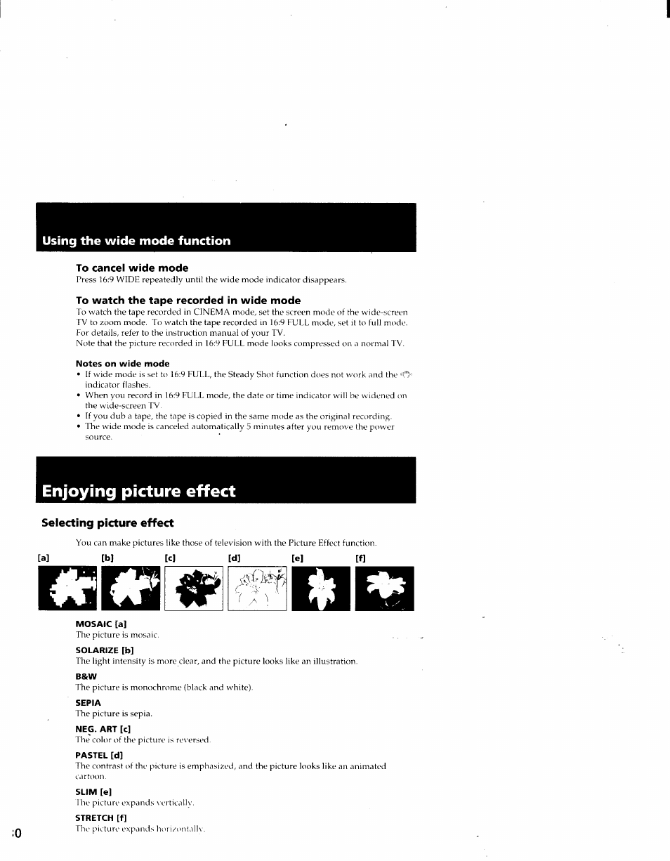 To cancel wide mode, To watch the tape recorded in wide mode, Notes on wide mode | Enjoying picture effect, Selecting picture effect, Mosaic [a, Solarize [b, Sepia, Pastel [d, Slim [e | Sony CCD-TRV41 User Manual | Page 30 / 86