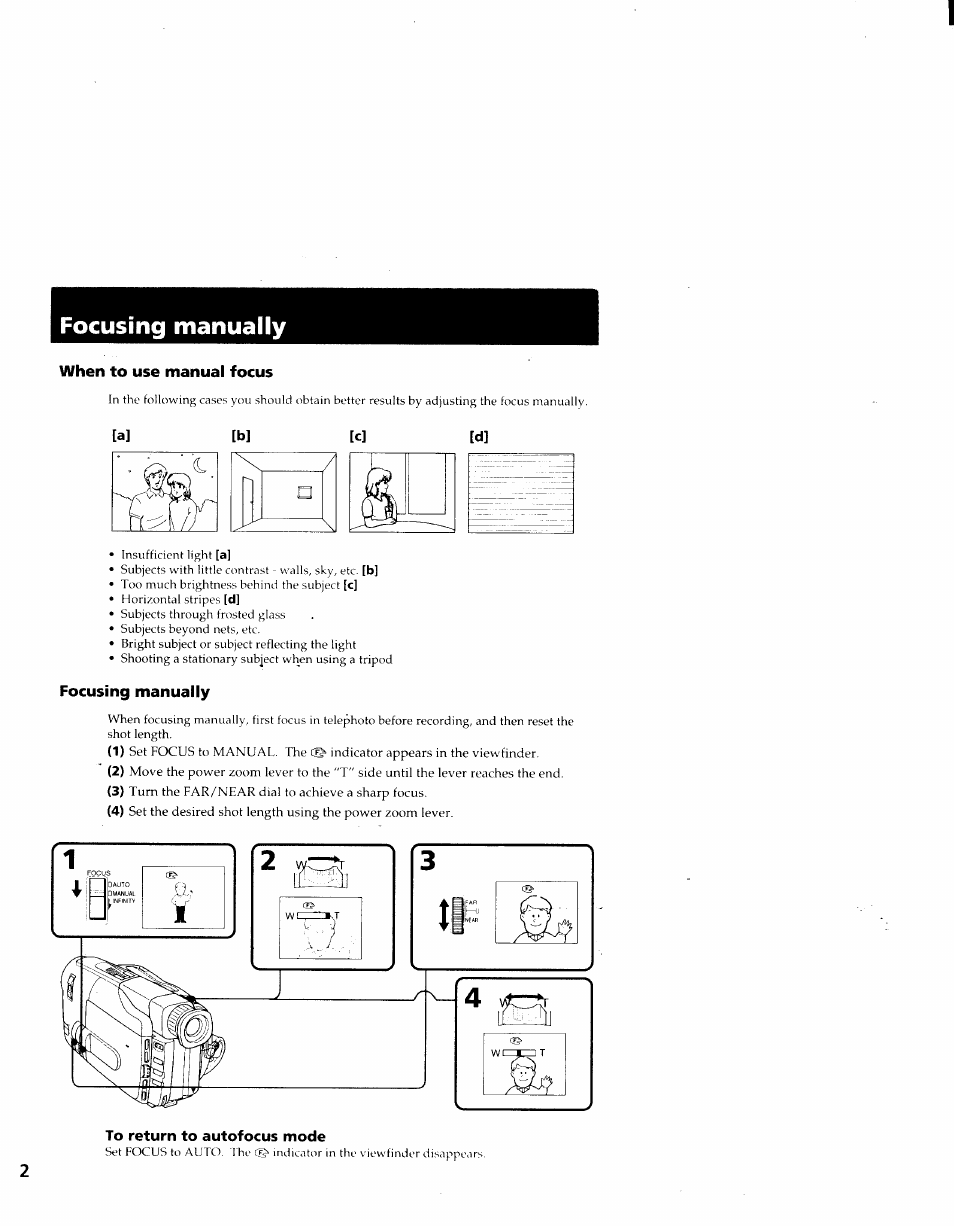 Focusing manually, When to use manual focus, To return to autofocus mode | Sony CCD-TRV41 User Manual | Page 32 / 86