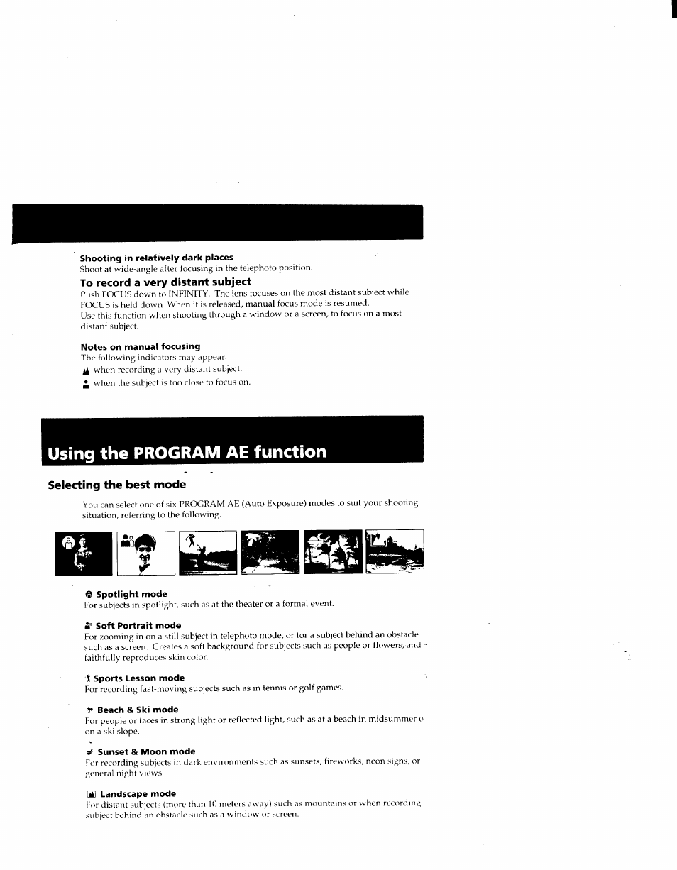 Shooting in relatively dark places, To record a very distant subject, Notes on manual focusing | Using the program ae function, Selecting the best mode, Spotlight mode, Ni soft portrait mode, Sports lesson mode, R beach & ski mode, Sunset & moon mode | Sony CCD-TRV41 User Manual | Page 33 / 86