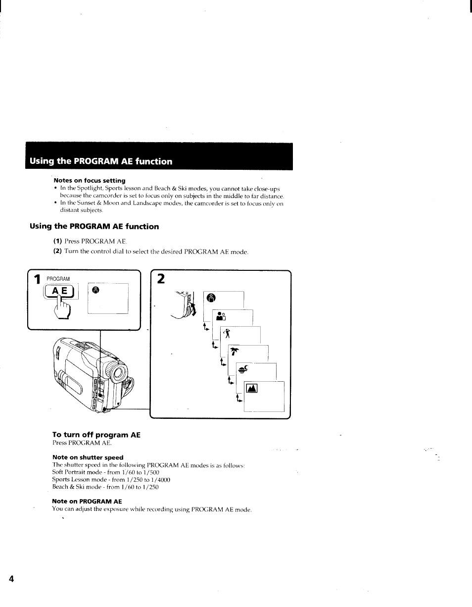 Notes on focus setting, Note on shutter speed, Note on program ae | Sony CCD-TRV41 User Manual | Page 34 / 86