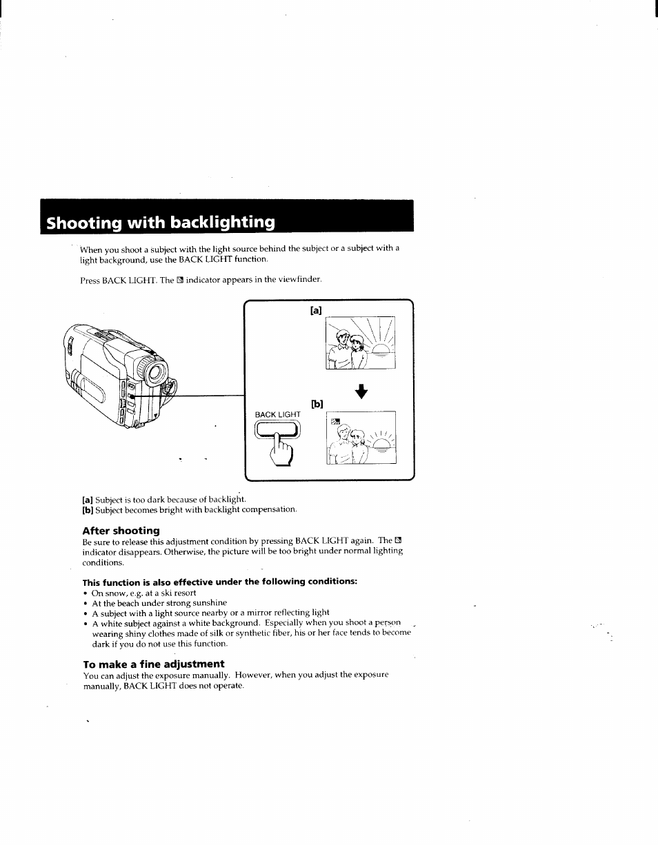 Shooting with backlighting, After shooting, To make a fine adjustment | Sony CCD-TRV41 User Manual | Page 35 / 86